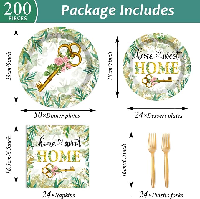 50 Guests House Warming Party Supplies Decoration Housewarming Party Plates and Napkins Forks Sweet Home Tableware Decor Rustic Floral Paper Disposable Plates for New House Wedding Supplies 200PCS