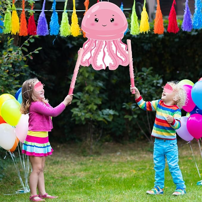 Blosssound Jellyfish Piñata Under the Sea Party Decorations Supplies Cute Pink Piñata Set with Stick Blindfold for Ocean Mermaid Theme Birthday Baby Shower Wedding Celebration Decorations(Jellyfish)