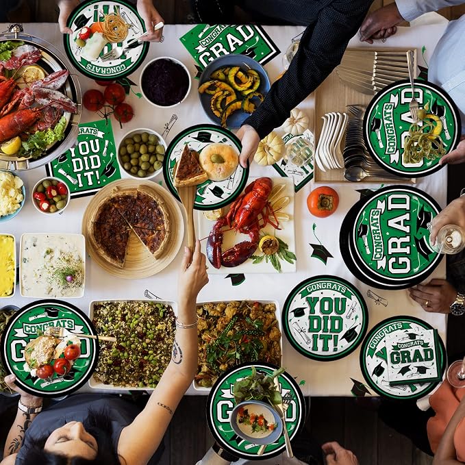 Gatherfun Graduation Party Supplies Dinnerware Set green Disposable dinner paper plates dessert paper plates and Napkins for Congrats Grad Party Decorations, Serve 50