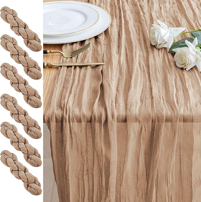 6PCS Table Runner Cheesecloth 10FT Nude Boho Gauze Cheese Cloth Rustic Sheer Table Runners for Wedding Bridal Baby Shower Party Decoration