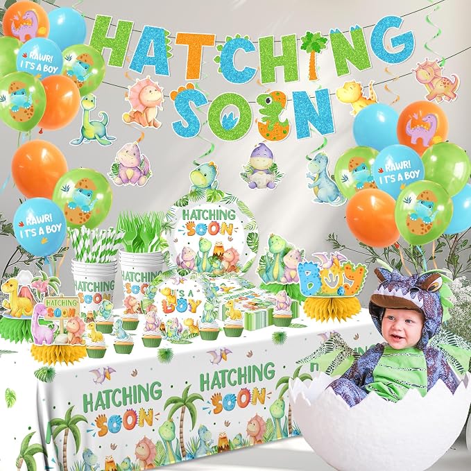 Dinosaur Baby Shower Decorations, Hatching Soon Party Ddecorations includes It's A Boy Plates Dinosaur Napkins and Balloons, Hatching Soon Dino Party Decorations for Boy Baby Shower, Serve 24