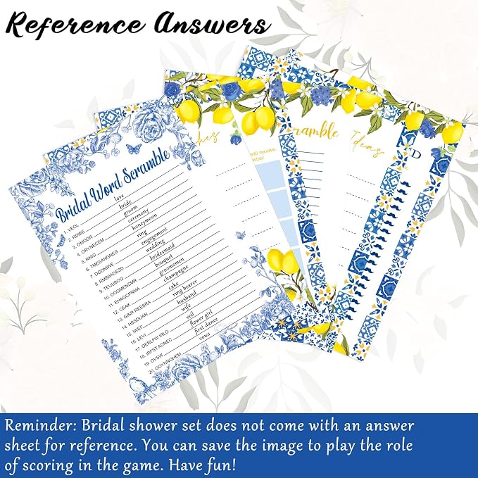 Silipull Bridal Shower Games Set for 50 Guests Includes Bingo, He Said She Said, Scramble, Would She Rather, Advice and Wishes Wedding Games Double Sided with Wooden Box, 20 Pencils (Lemon)