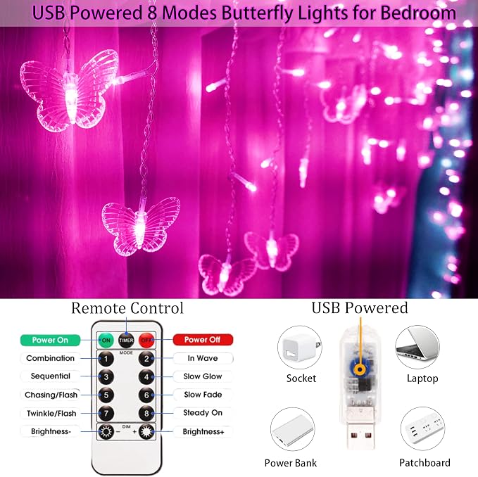 Butterfly Curtain Fairy Lights USB Plug in,120 LED 8 Modes 20FT Firefly Twinkle Icicle String Lights with Remote Timer Waterproof Copper Wire for Bedroom Patio Christmas Wedding Party Dorm(Pink)