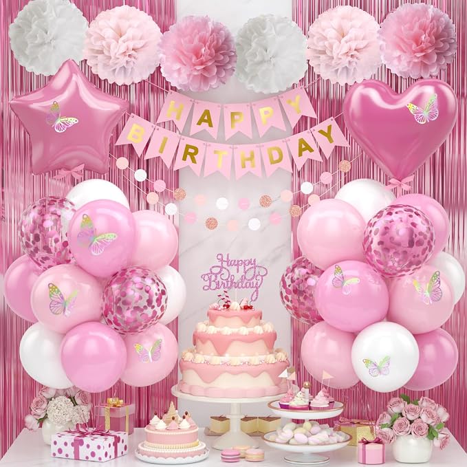 Pink White Birthday Party Decorations 12INCH Light Pastel Pink Confetti Balloons Happy Birthday Banner Cake Topper Fringe Curtain Paper Pom Poms Butterfly Sticker 18INCH Heart Star Foil Girls Women