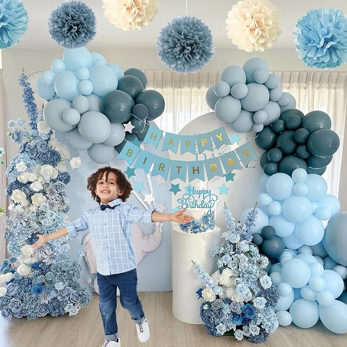 Blue Birthday Decorations - Blue Party Decor Balloons with Happy Birthday Banner Fringe Curtain Background Blue Pom Poms, Light Blue Birthday Decorations for Men Women