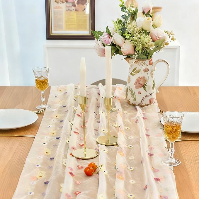 FEXIA Spring Table Runner 10FT Floral Gauze Mesh Garden Tea Party Decorations Romantic Dining Table Decoration for Easter, Weddings, Birthday Valentine’s Day Living Room Styling Home Decor