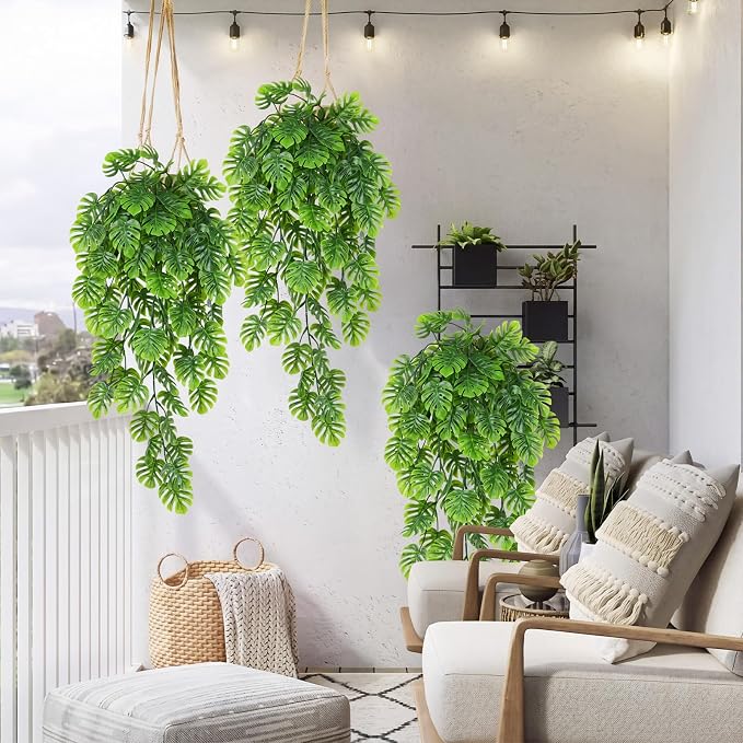 Daifunli 8 Pcs Artificial Hanging Plants Fake Hanging Ferns Plastic Fake Plant for Wall Room Garden Garland Indoor Outdoor Decor No Basket (Monstera Vines)