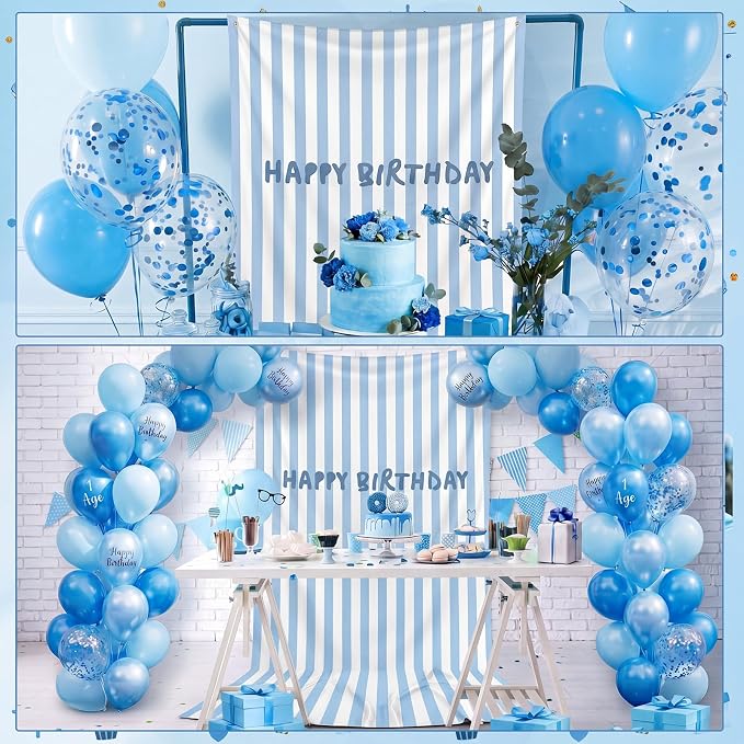 Flutesan 7x5ft Blue Stripe Happy Birthday Backdrop Large Banner Fabric Tapestry Birthday Party Decoration Baby Shower Linen Rustic Background Wall Photo Props Indoor Outdoor