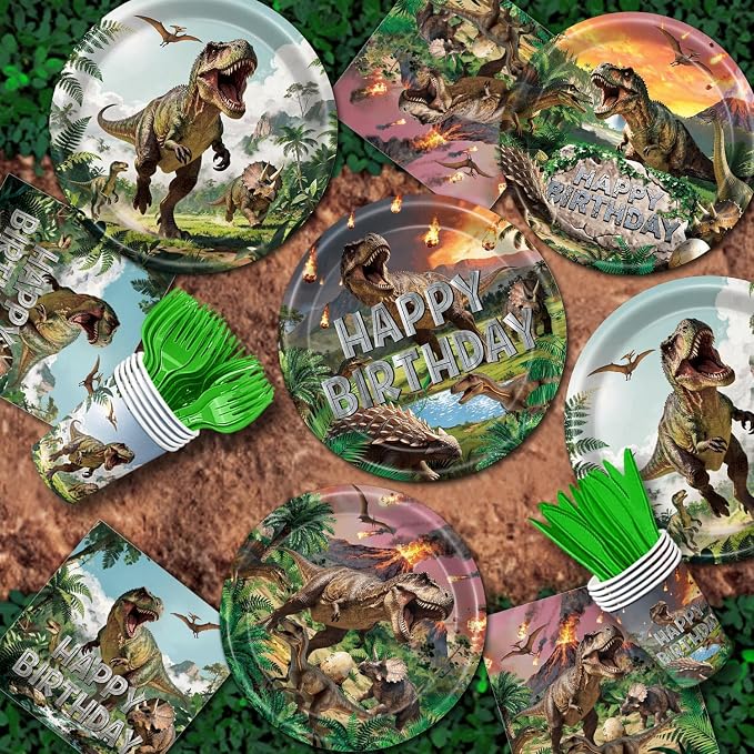 Dinosaur Birthday Decorations – Plates, Cups, Napkins, Cutlery, Hanging Swirls, Toppers, Banner, Tablecloths, Balloons, Honeycomb Centerpieces for Three Rex Dinosaur Party Decorations, Serves 20