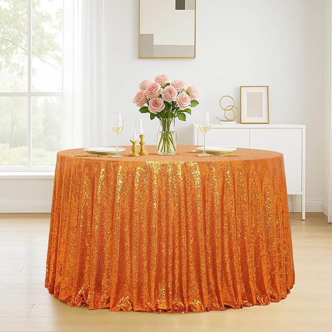 Eternal Beauty Orange Tablecloth, 120 Inch Round Sequin Tablecloth for Party Cake Dessert Table Exhibition Events