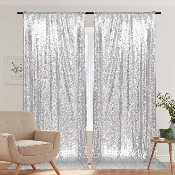 PartyDelight Silver Sequin Backdrop 5x10ft 2 Panels 4 Inch Rod Pocket | Dense 3mm silver sequins on mesh backing with 4 inch rod pocket for wide reception walls head tables stages and layered event