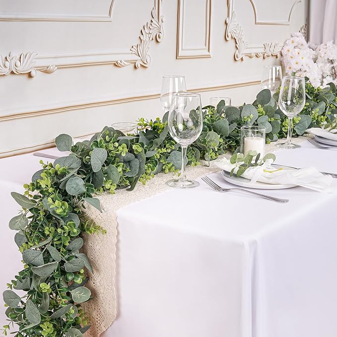 4 Pcs Greenery Garland,5.9Ft Eucalyptus Garland,Faux Flower Garlands Silk Eucalyptus Leaves,Fake Vines for Table Centerpieces Wedding Decorations,Outdoor DIY Front Door Wreath