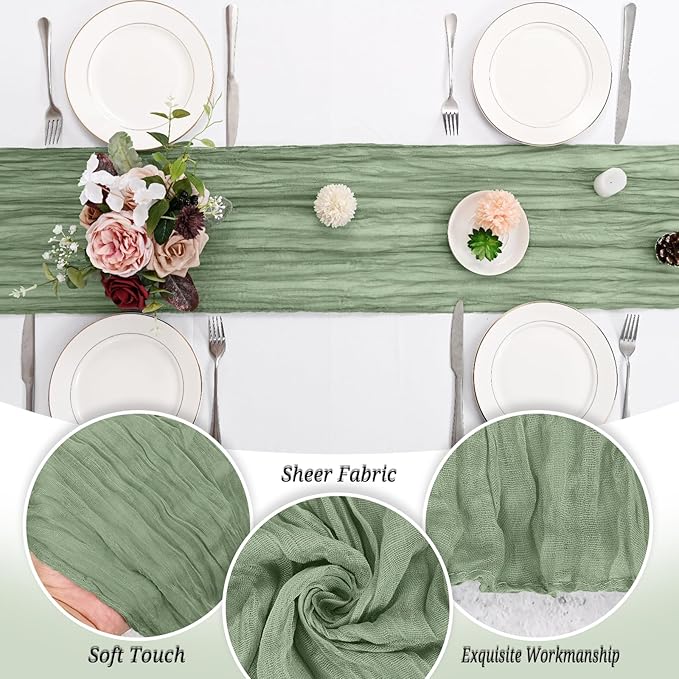 12 Pack Sage Green Cheesecloth Table Runner 120 inch Fall Thanksgiving Boho Rustic Gauze Farmhouse 10FT Cheese Cloth Runner for Baby Shower Wedding Party Holiday Home Decor