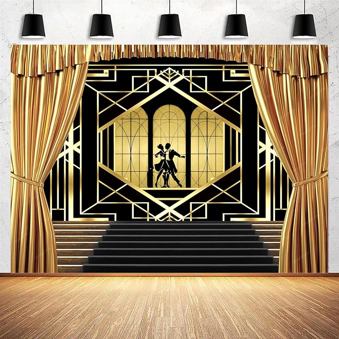 10x8ft Roaring 20s Backdrop for Photography Great 1920s Retro Roaring Party Decor Photo Background Wedding Black and Gold Golden Banner Decoration Birthday Briadal Shower Photo Shoot Booth Supplies