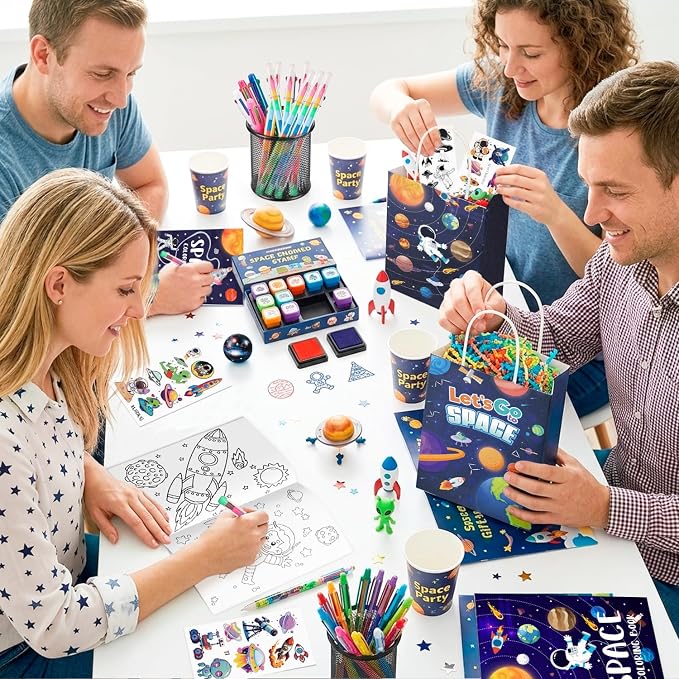 146pcs Space Party Favors Bags Fillers Include Outer Space Goodie Bags Bracelets Solar System Coloring Books etc for Astronaut Party Decorations Supplies