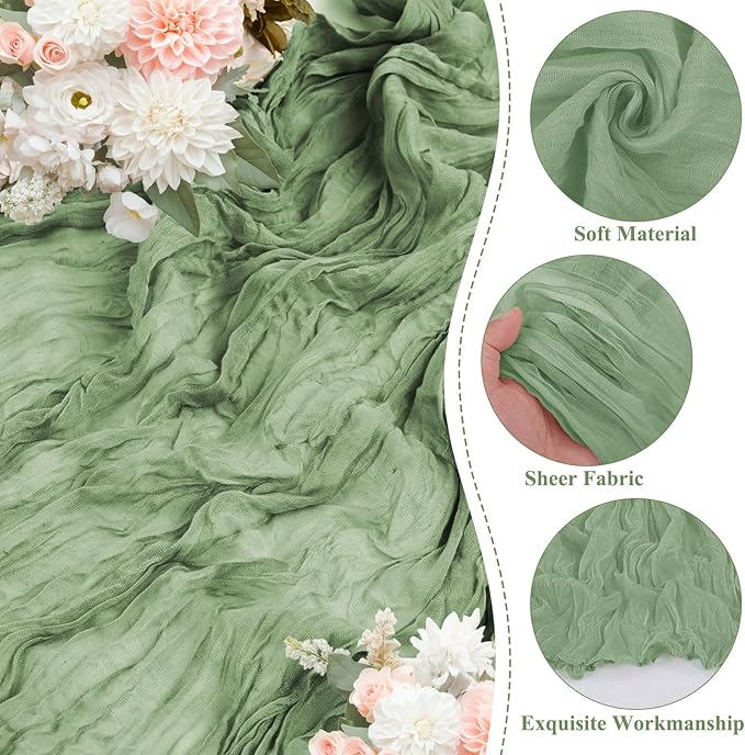 8 Pack Sage Green Cheesecloth Table Runner 10FT Long Boho Gauze Fabric Table Runner Vintage Rustic Sheer Runners for Wedding Party Bridal Baby Shower Table Decorations