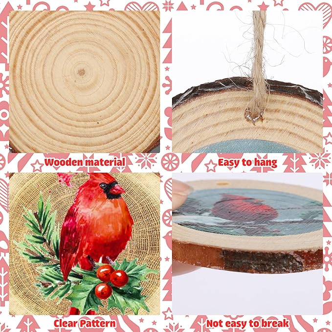16 PCS Christmas Wood Ornaments Red Birds Hanging Wood Decor Holiday Wooden Slice Ornaments with Hemp Rope for Xmas Tree Centerpieces DIY Crafts Memorial Gifts