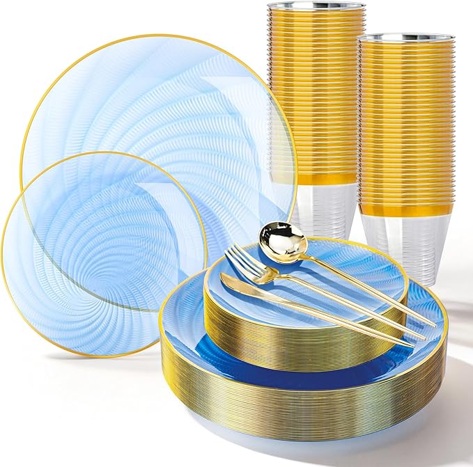 N9R 180 PCS Disposable Dinnerware Set with Gold Rim Blue Plastic Plates for 30 Guests, Include 30 Dinner Plates, 30 Dessert Plates, 30 Cups, 90 Heavy Duty Gold Plastic Silverware for Party & Wedding