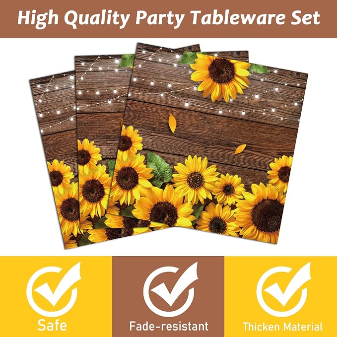 200PCS Sunflower Paper Plates and Napkins Sunflower Birthday Party Decoration Hoedown Party Decorations Supplies with Wood Land Background Bridal Baby Shower Tableware Brown Country Rustic Style