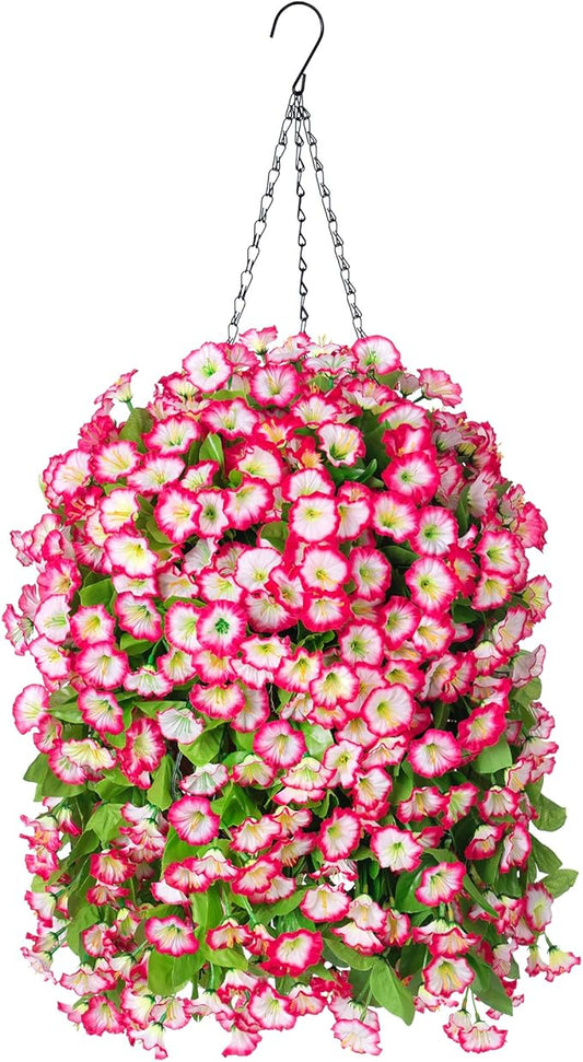 Ammyoo Artificial Faux Hanging Flowers Basket for Spring Summer Outdoor Porch Decor, Fake Silk Colorful Morning Glory Eucalyptus in Planter UV Resistant Look Real for Home Patio Balcony Yard(Pink)