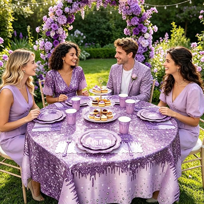 Purple Glitter Plates and Napkins Party Supplies Set, Scalloped Disposable Plates Cups Napkins Forks Tablecloth for Princess Birthday Baby Shower Bridal Shower Wedding Decorations, Serves 24 Guests
