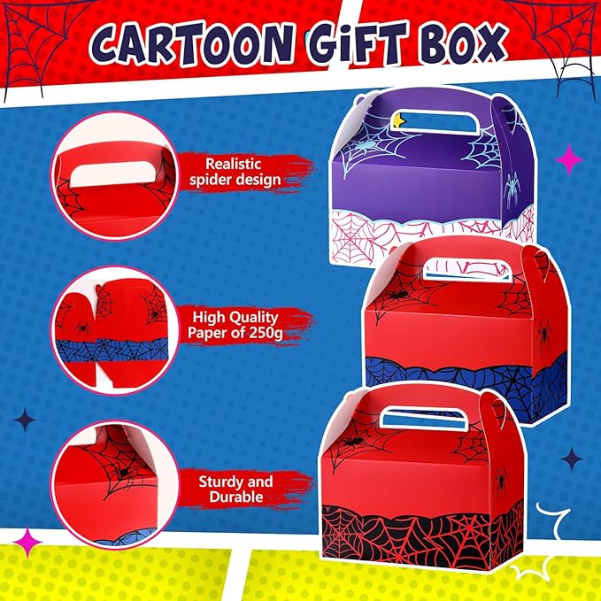 Marspark 24 Pack Spider Web Cartoon Birthday Party Supplies, Paper Gift Boxes, Cartoon Candy Treat Boxes for Birthday Party Decorations(3 Color Spider Pattern)