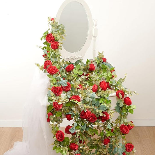 PONKING Flower Garland Artificial Rose Vine Flowers Hanging Fake Roses Vines for Wedding Birthday Party Valentines Christmas Room Wall Arch Decor, 2 Red Floral Garland Decorations, High Realistic