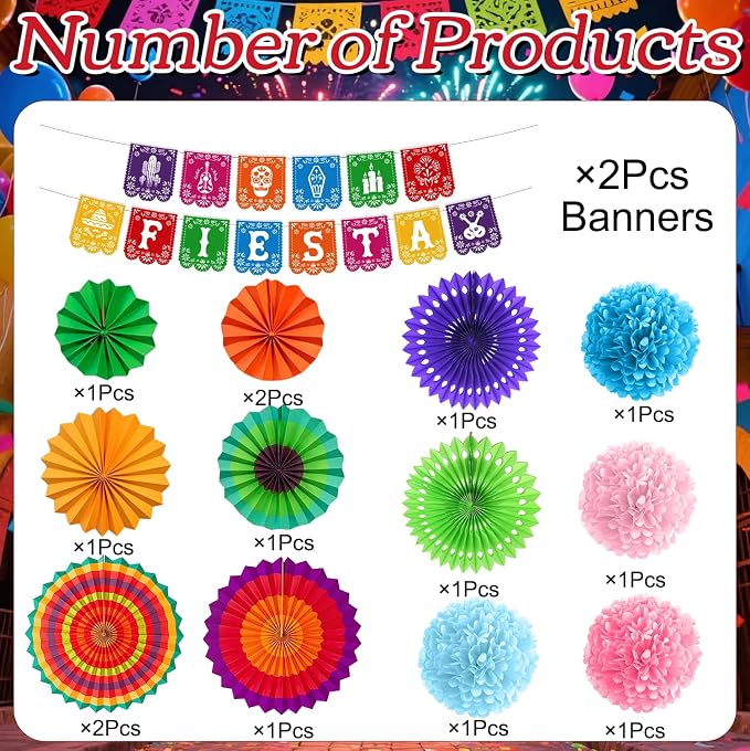 Rakuto Cinco De Mayo Party Decorations, 16PCS Mexican Taco Theme Banners with Paper Fans Birthday Decorations, Fiesta Paper Pom Poms Decor Supplies