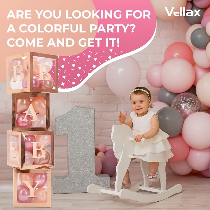 44-Piece Baby Shower Decorations for Boy or Girl - 4 Boxes with Letters and 32 Balloons - Elegant Rose Gold - Gender Reveal Party Supplies - Photo Shoot Backdrop and Nursery Décor