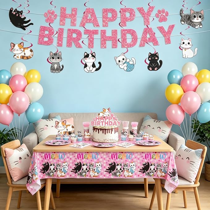 206PCS Cat Party Supplies Set - Complete Cat Themed Birthday Party Decorations with Plates, Cups, Napkins, Tablecloth, Honeycomb Centerpieces,Banner & Balloon and Hanging Swirls