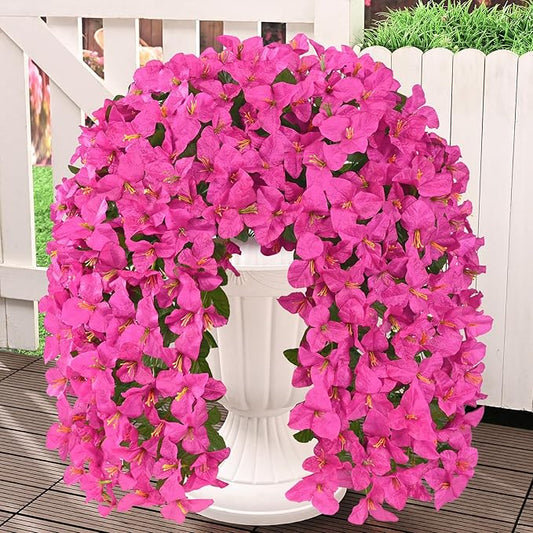Livole 4Pcs Bougainvillea Artificial Flowers for Outdoors, Realistic UV Resistant Faux Outdoor Plants Flowers, Silk Hanging Fake Flowers for Outside Home Porch Patio Balcony Garden Decor Hot Pink