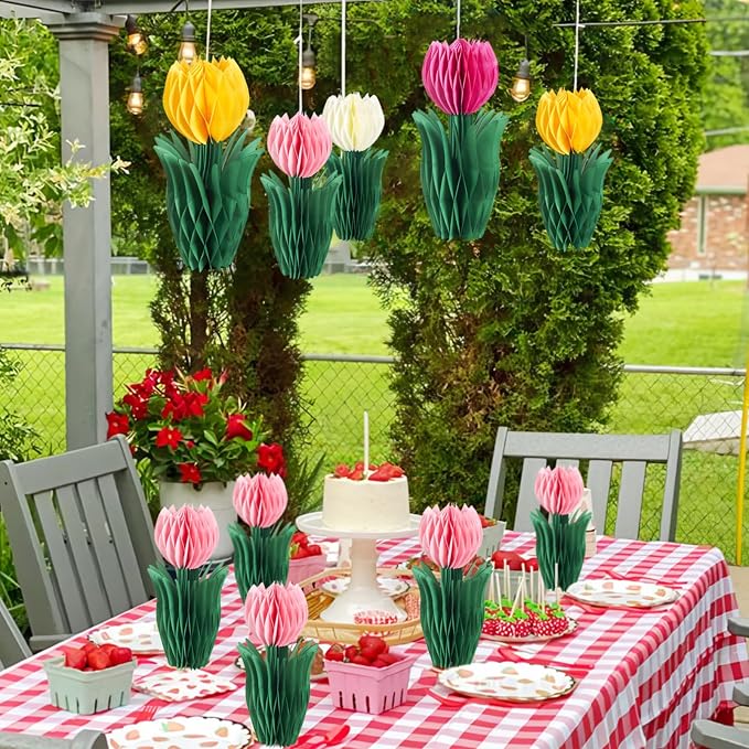 SUNBEAUTY 8 PCS Flower Honeycomb Decor Tulips Table Centerpieces Spring Decoration for Home Office Paper Flower Tulip Honeycomb Decor for Garden Party, Mother's Day Decoration