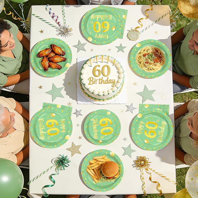 96 Pcs 60th Birthday Decorations for Women Green and Gold 60th Birthday Plates and Napkins Sage Green Tableware Set for Women Men 60 Years Old Party Supplies, Serves 24