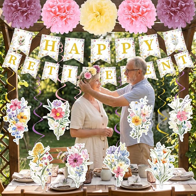 Rakuto Wildflower Happy Retirement Party Decorations for Women, 16PCS Floral Gold Retirement Banner with Hanging Swirls Decoration, Flower Just Retired Paper Pom Poms Decor Supplies