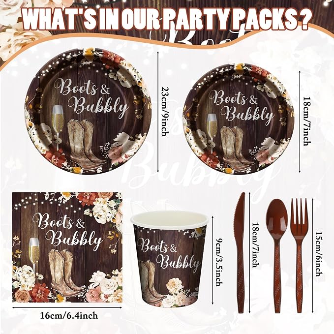 168 Pcs Boots and Bubbly Bridal Shower Decorations Rustic Brown Plates Western Country Bridal Shower Decorations Golden Champagne Party Favors Boots and Bubbly Tableware Set Serve 24