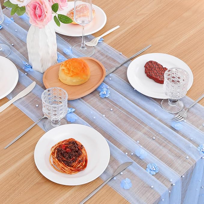 BINBE 4pcs Flower Pearl Table Runner Spring Summer Rustic Boho 10ft Tulle Table Runner for Baby Shower Wedding Veil Holiday Dessert Table Decor Blue