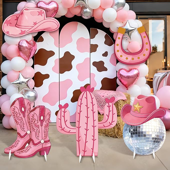 5 Pcs Large Disco Cowgirl Cardboard Cutouts, Pink Western Cowgirl Stand up Party Yard Signs Decoration for Last Disco Coquette Bachelorette Rodeo Birthday Party Supplies Photo Booth Props