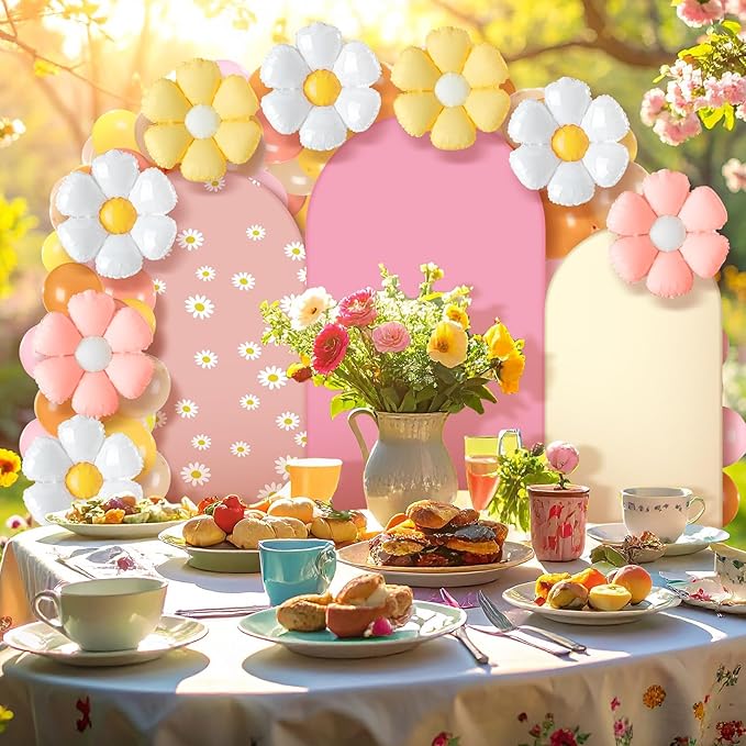 Foilswirl 34 Pieces Daisy Birthday Party Decorations 4ft 5ft 6ft Daisy Arch Backdrop Covers Spandex Arch Backdrop Cover Pastel Macaron and Flower Design Balloons for Spring Boho Wedding Birthday Party