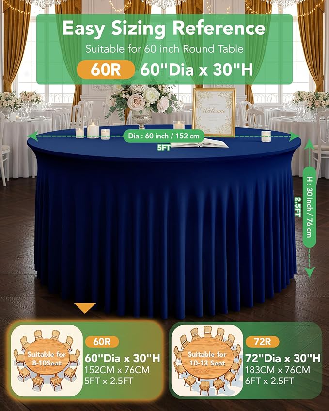 6 Pack Spandex Table Cover Skirts for 60 inch Round Tables, Navy Blue Stretch Table Cloths with Floor-Length Ruffle, Elastic Fitted Skirted Tablecloth for Elegant Wedding Banquet Party Buffet Deco