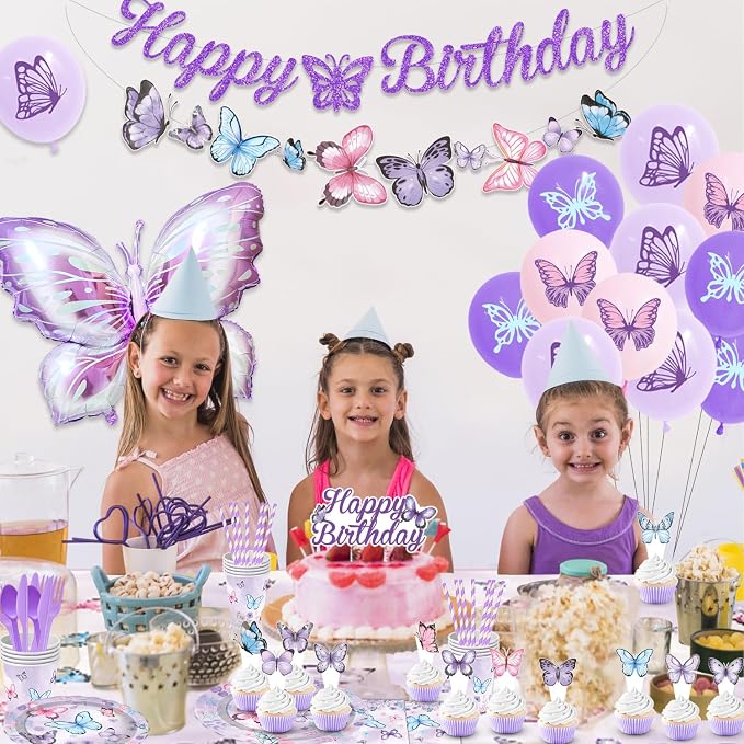 Butterfly Birthday Decorations, Butterfly Decorations Purple Birthday Decorations Tableware, 163 Pcs Butterflies Decorations for Girls, Serves 16