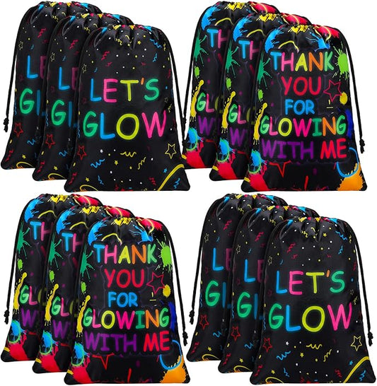 Sadnyy 24 Pieces Let's Glow Drawstring Bags Bulk Glow in The Dark Party Supplies Favor Gift Bag Neon Pouch for Goodie Retro 80s 90s