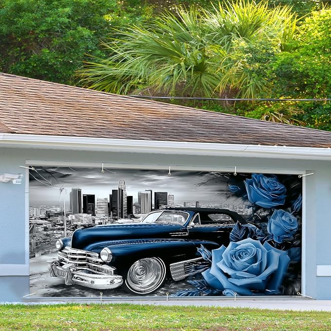 Lowrider Car Garage Door Banner Cover 7x16FT Waterproof – Vintage Blue Convertible & Blue Roses Backdrop with City Skyline,Outdoor Decor for Chicano Party,Car Show,Lowrider Birthday,Photo Booth