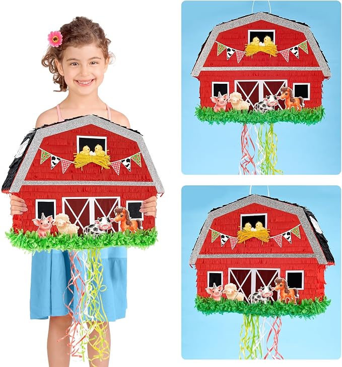 WERNNSAI Red Farm Animal Piñata - Farm Baby Shower Decorations Animal Piñata Party Game for Kids Birthday Celebrations Milk Farm Party Favor Supply with Bat Blindfold