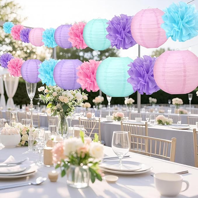 18pcs Blue Paper Lanterns Decoration Purple Blue White Hanging Décor Pom Poms Paper Flower Party Supply for Baby Shower Wedding Valentine Birthday Party