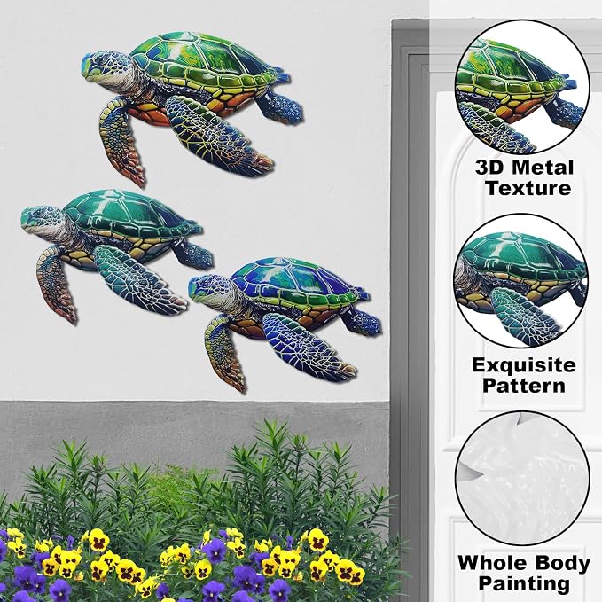 John's Studio 3Pcs Metal Turtle Sea Wall Decor Outdoor Garden Hanging Art Sculptures Home Ocean Theme Decorations for Kitchen Bathroom and Pool