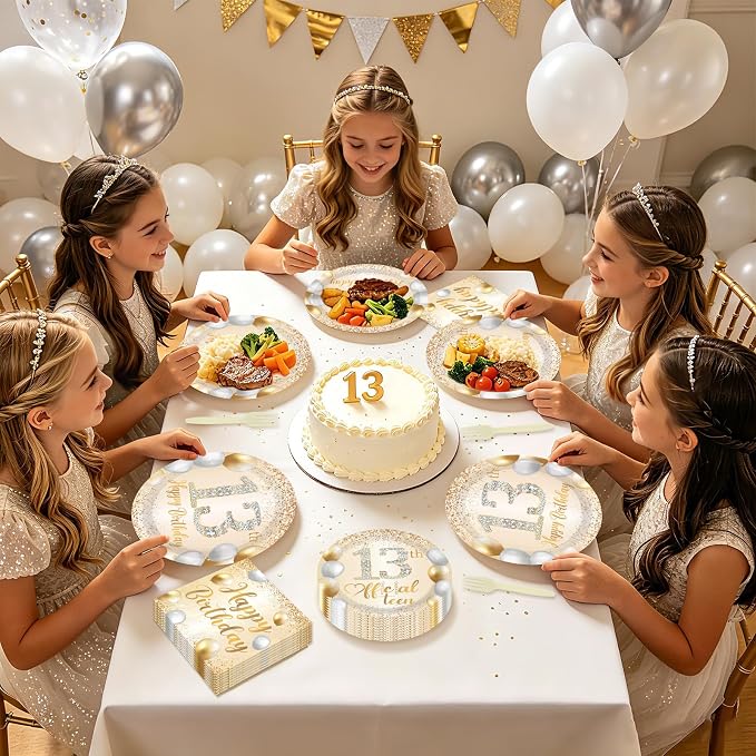 96Pcs Happy 13th Birthday Decorations Official 13 Teen Plates and Napkins Tableware Set White and Gold Glitter Thirteen Birthday Decorations for Girls 13 Years Old Birthdays Party Supplies Serves 24