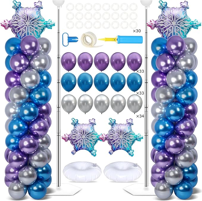 2 Sets Snow Party Balloon Column Stand Kit with 102 Balloons Winter Wonderland 5.57ft Adjustable Balloon Tower Stand with Bases Snowflake Balloons Arch Column for Girl Princess Birthday Party Supplies