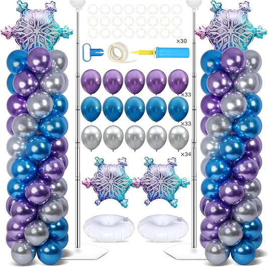 2 Sets Snow Party Balloon Column Stand Kit with 102 Balloons Winter Wonderland 5.57ft Adjustable Balloon Tower Stand with Bases Snowflake Balloons Arch Column for Girl Princess Birthday Party Supplies