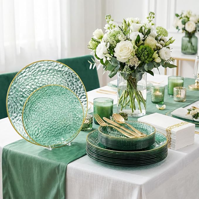 DaYammi 175 Pcs Green Plastic Plates Dinnerware Set (25 Guests), Hammered Plates Sets, Green Party Platos Set include 50 Disposable Platos, 75 Gold Plastic Silverware, 25 Cups 25 Napkins