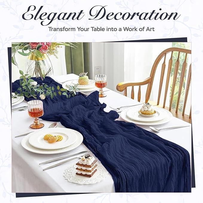 Cheesecloth Table Runner 8 Pack – 35x120 Inch (10ft) Boho Rustic Gauze Cloth Runners – Crinkle Polyester Table Decor for Wedding, Baby Shower, Bridal Shower, Birthday Party and More (Navy Blue)